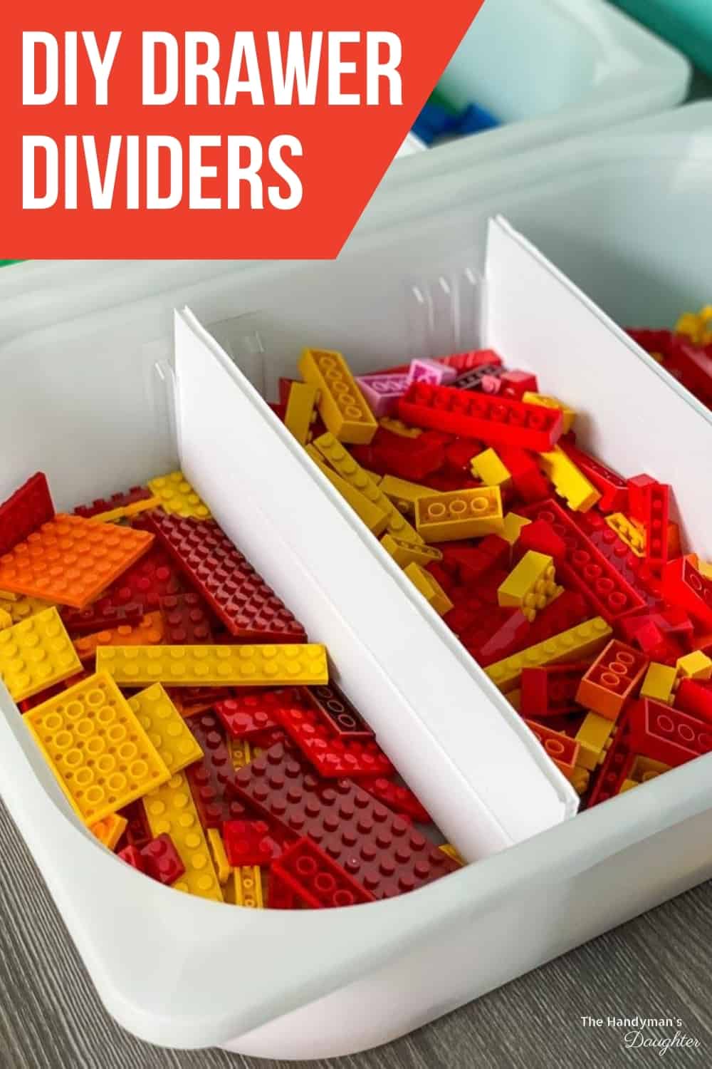 DIY drawer dividers with red Lego pieces sorted by size