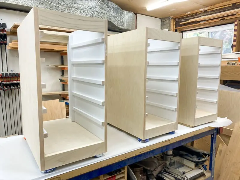 Lego desk drawer units on the workbench ready for paint