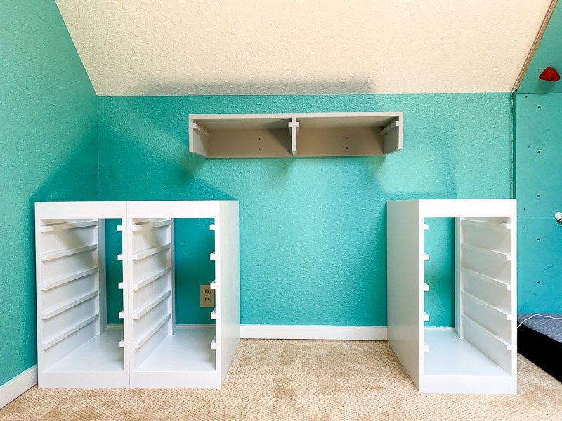 DIY Lego desk drawer units arranged in room with gap for seating