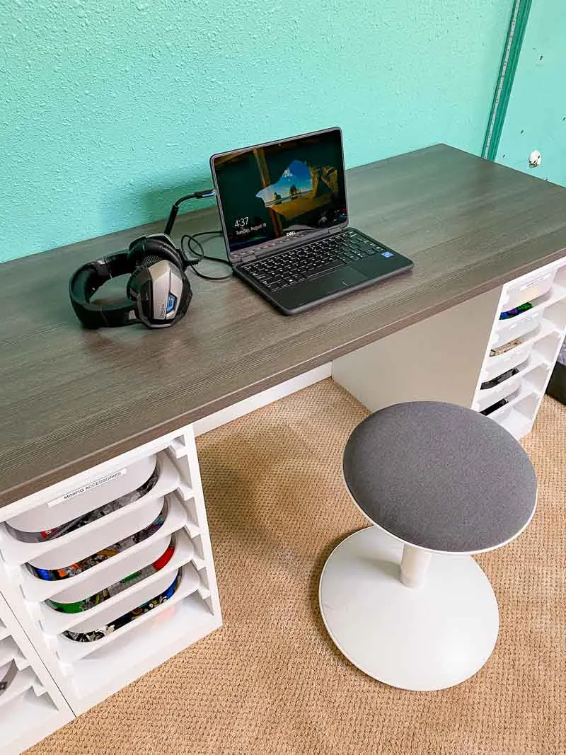 DIY Lego table with laptop and headset for remote learning