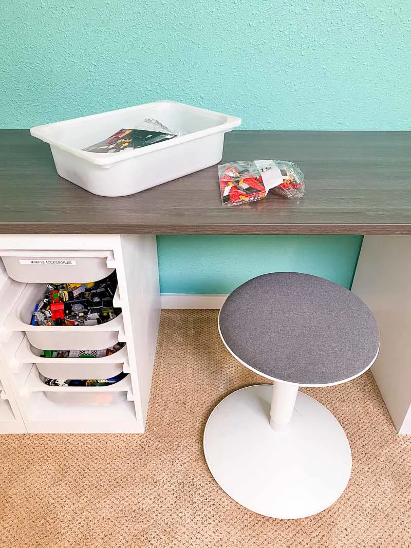 DIY Lego desk with bin and new Lego bag on top