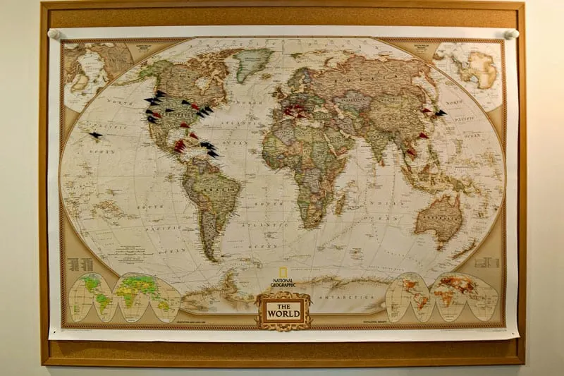 DIY push pin travel map on plain bulletin board