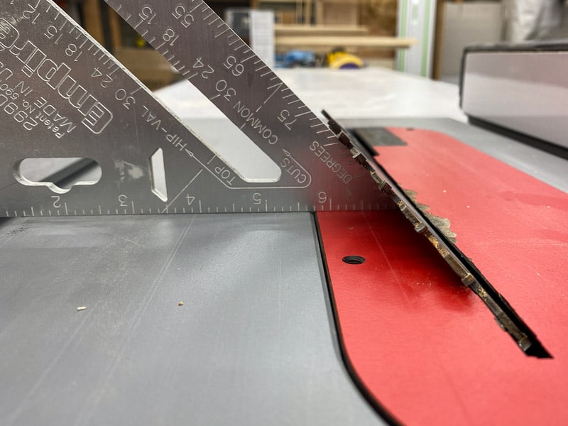 checking blade angle on table saw before cutting French cleats