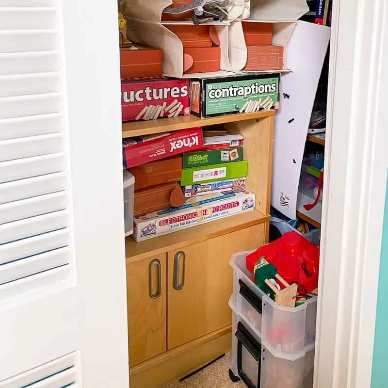 messy closet with toys everywhere