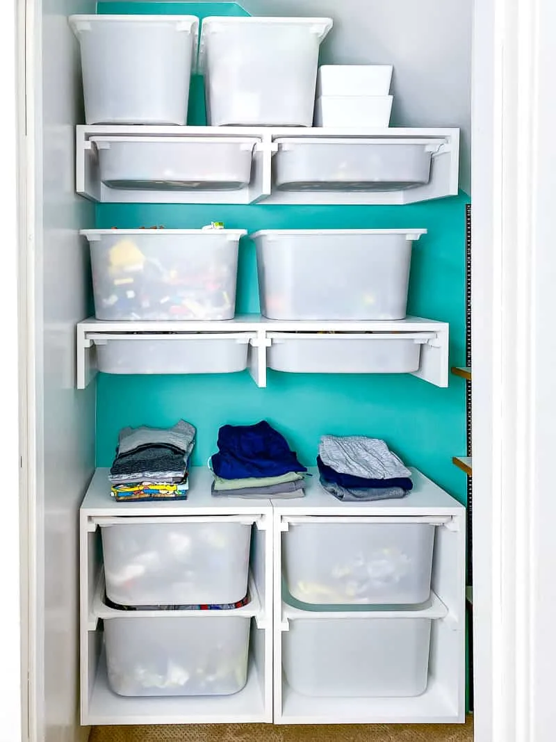 DIY custom closet with shelves and storage bins