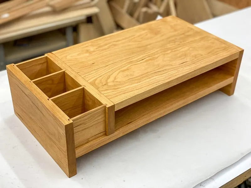 completed laptop stand on workbench