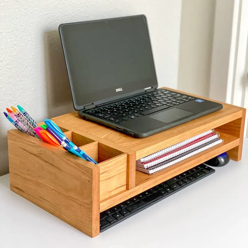 DIY laptop stand with shelves and pencil storage