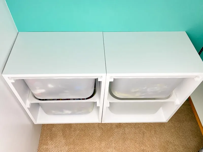 side by side DIY wall mount storage bins in closet
