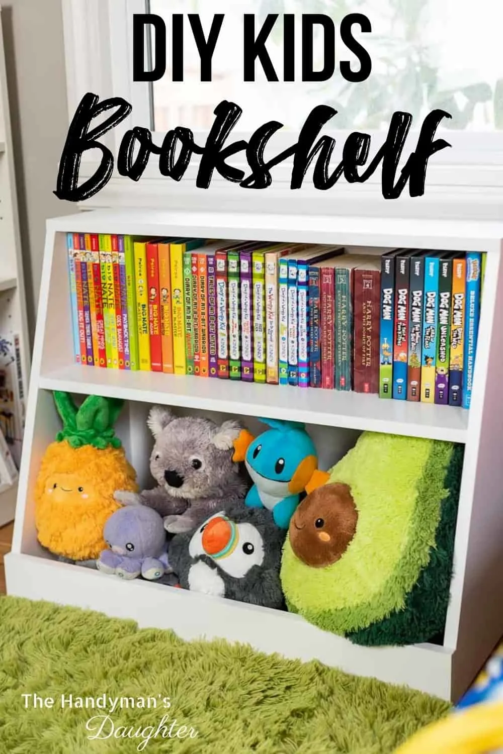 DIY kids bookcase with stuffed animal storage