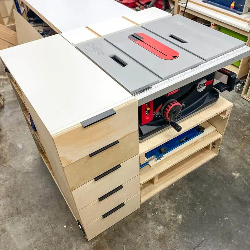table saw stand with sled storage and drawers