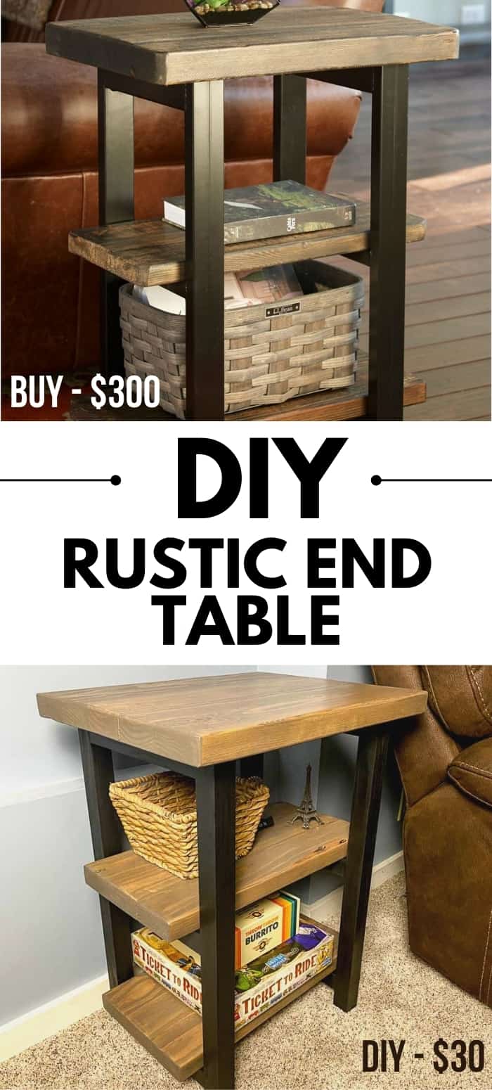 comparison of expensive store bought rustic end table and DIY version