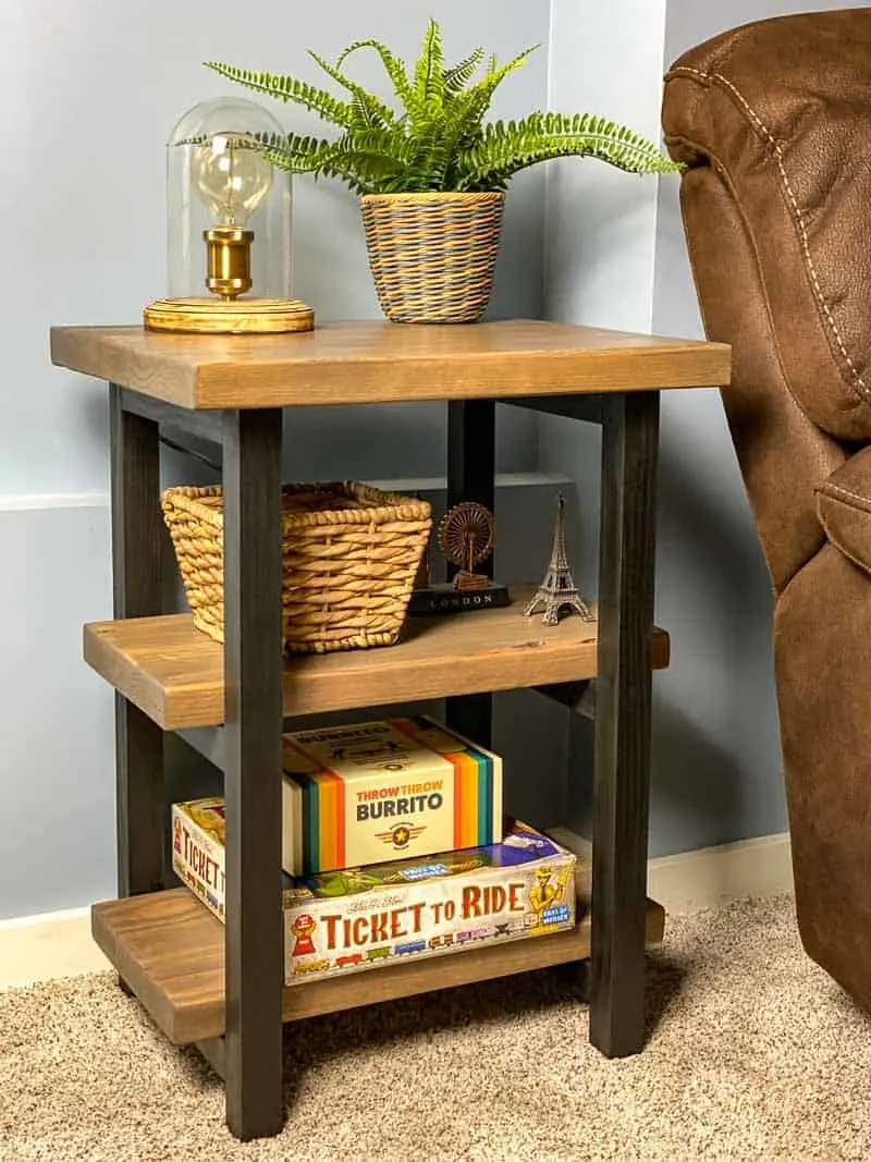 DIY rustic end table next to brown couch