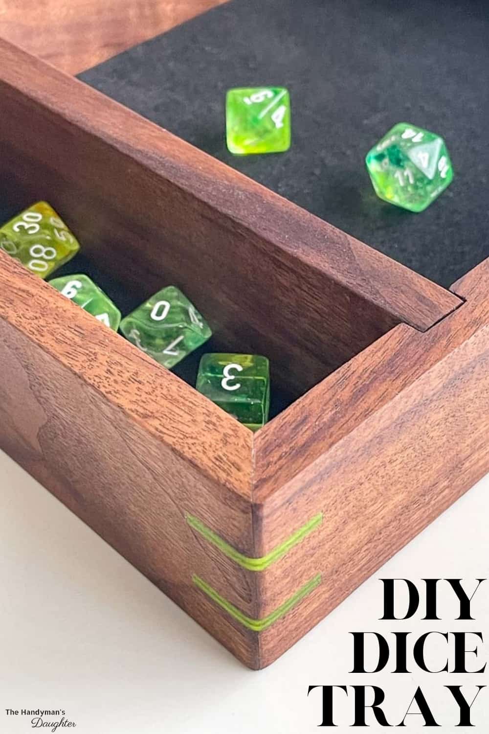 corner view of DIY dice tray with text overlay