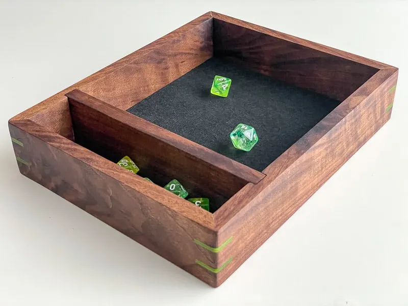 DnD Dice Tray with walnut frame and green dice