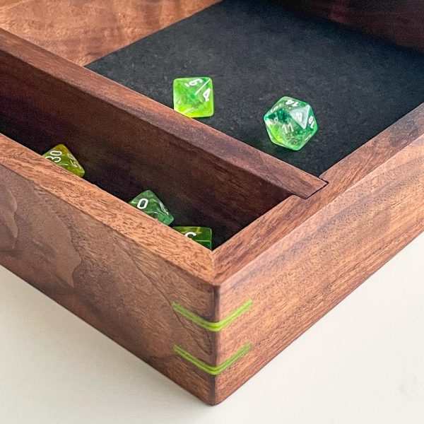 DIY dice tray with green DnD dice