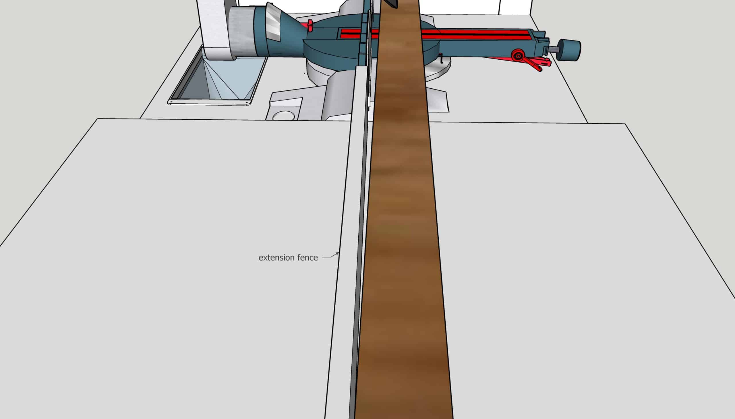 illustration of miter saw extension fence causing board to be cut incorrectly