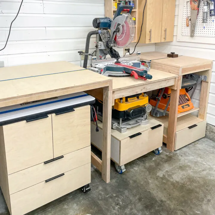 DIY miter saw station with router table, planer and sander underneath