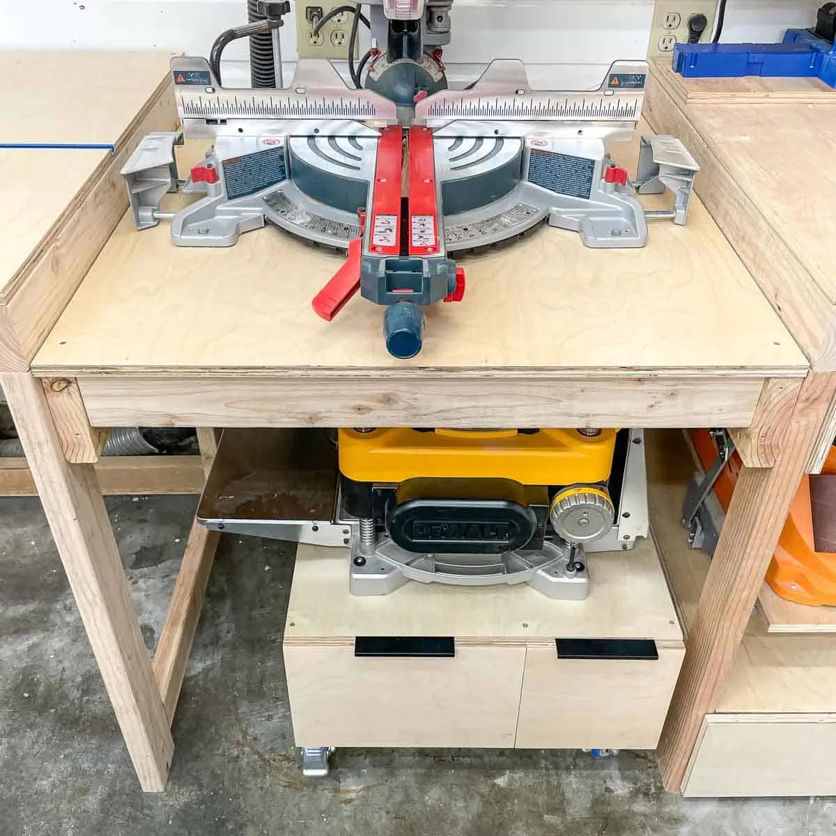 DIY planer stand with drawers under miter saw station