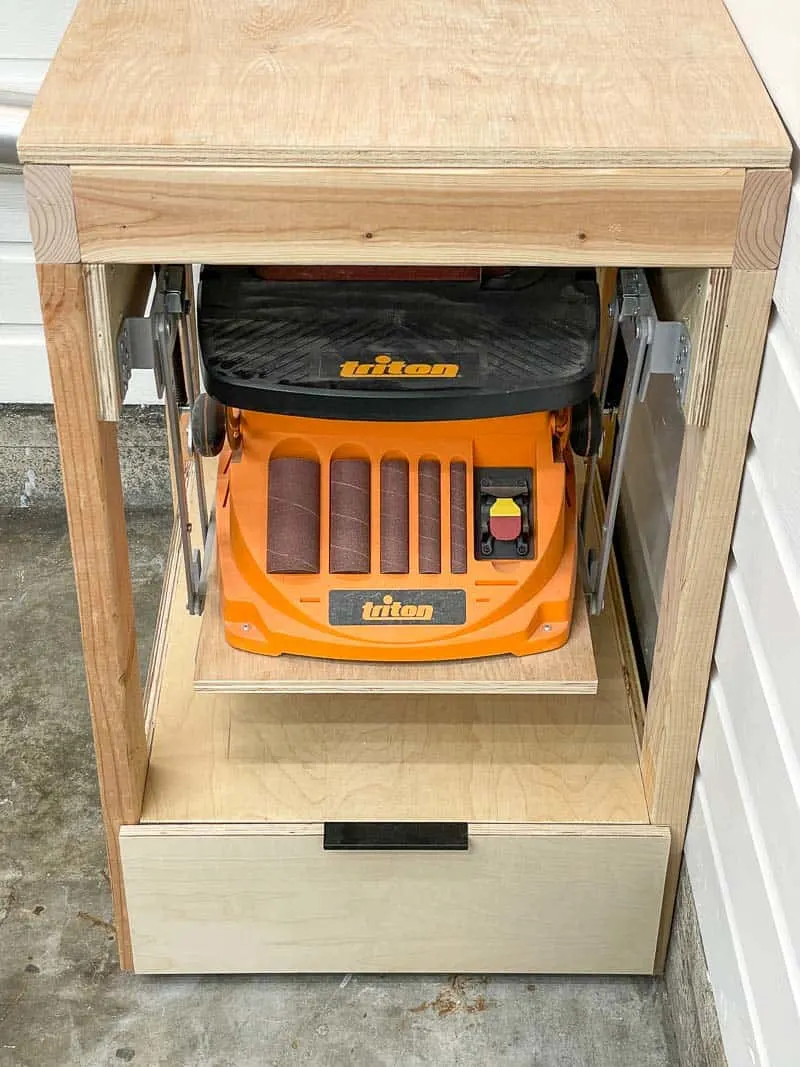 DIY tool stand with mixer lift for sander and drawer underneath