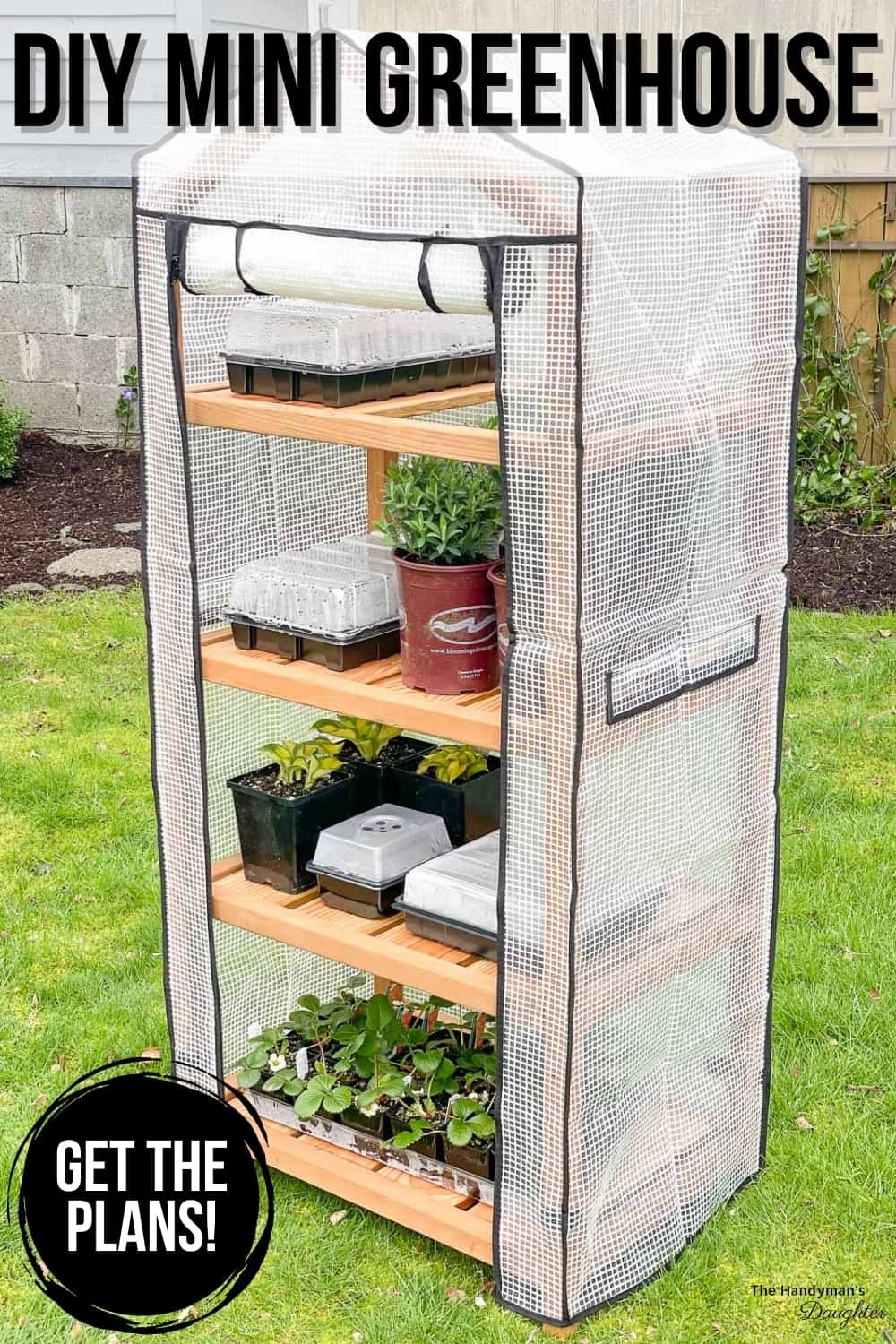 tall skinny wood greenhouse with cover and plants