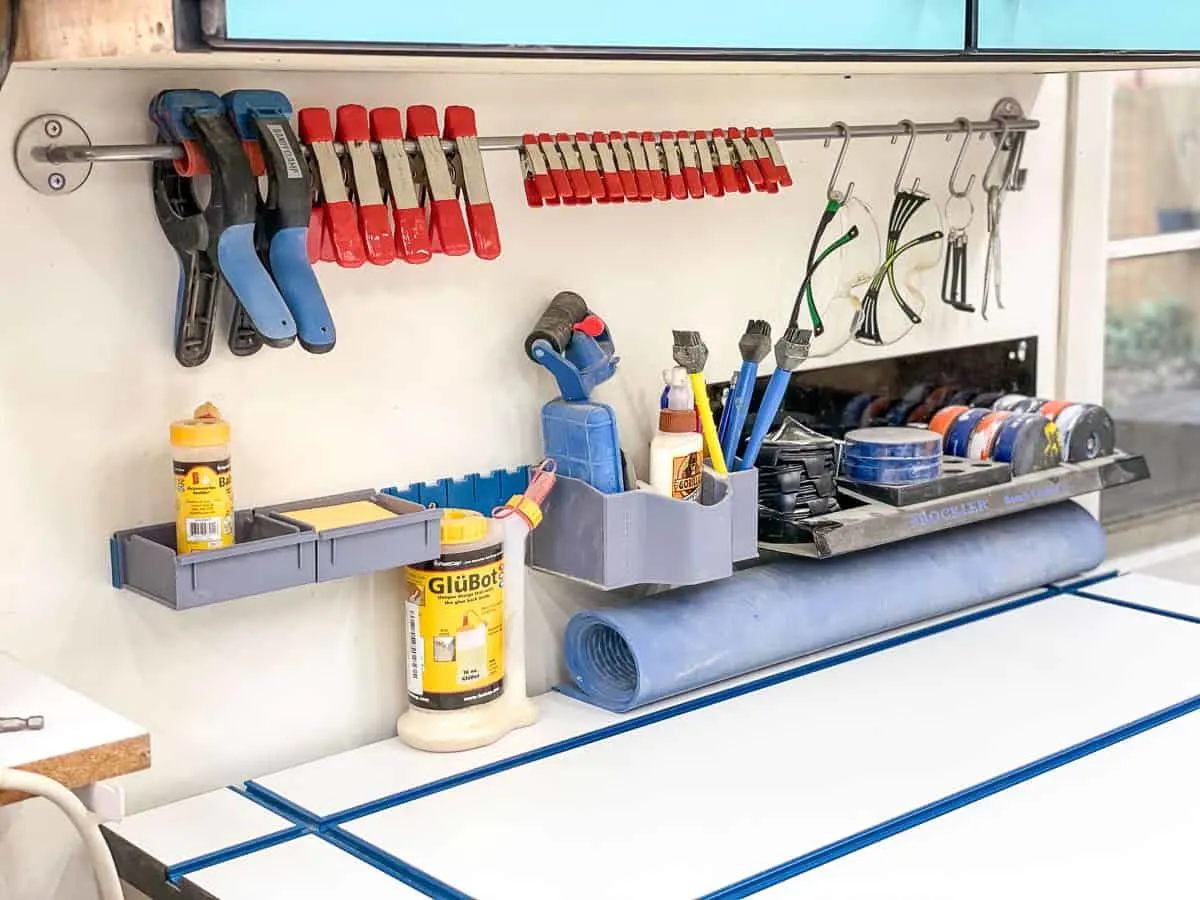 DIY spring clamp rack made from a metal kitchen rail