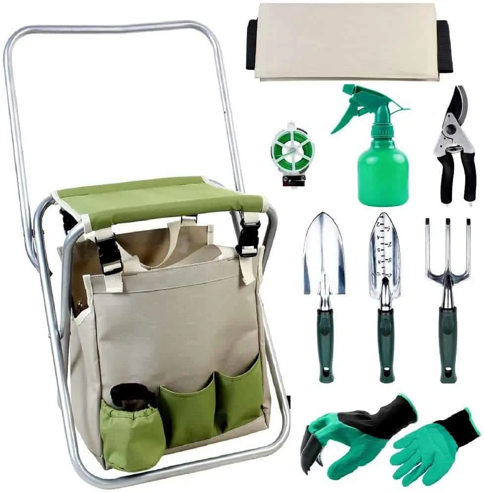 gardening stool with attached garden tool storage bag