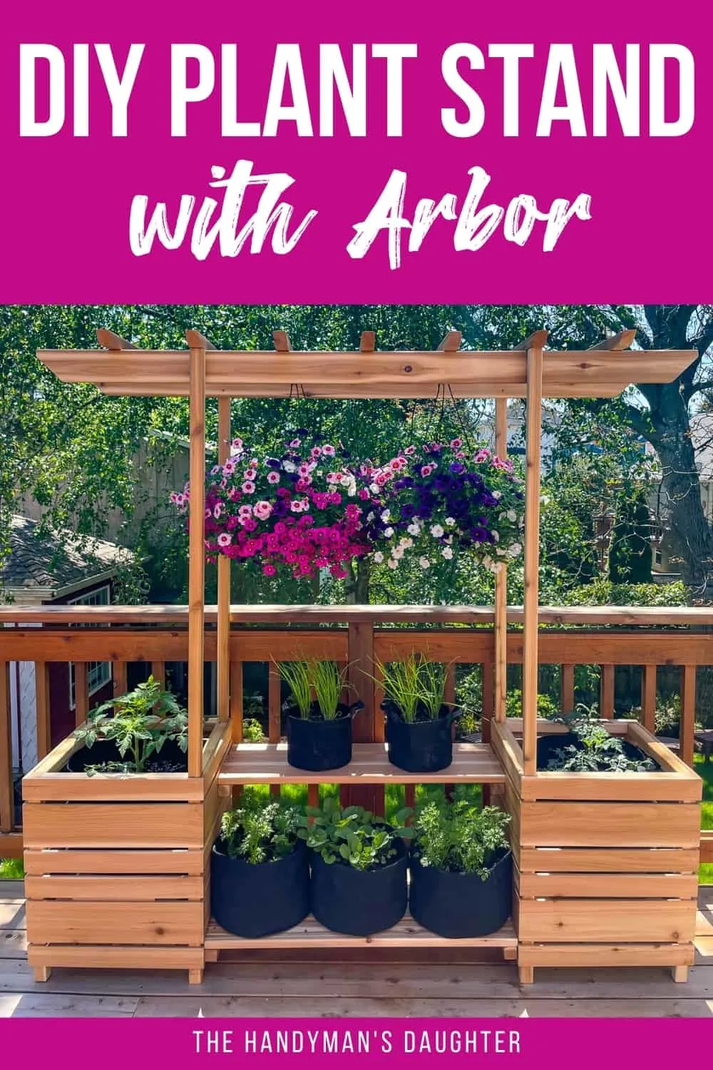 DIY plant stand on deck with text overlay