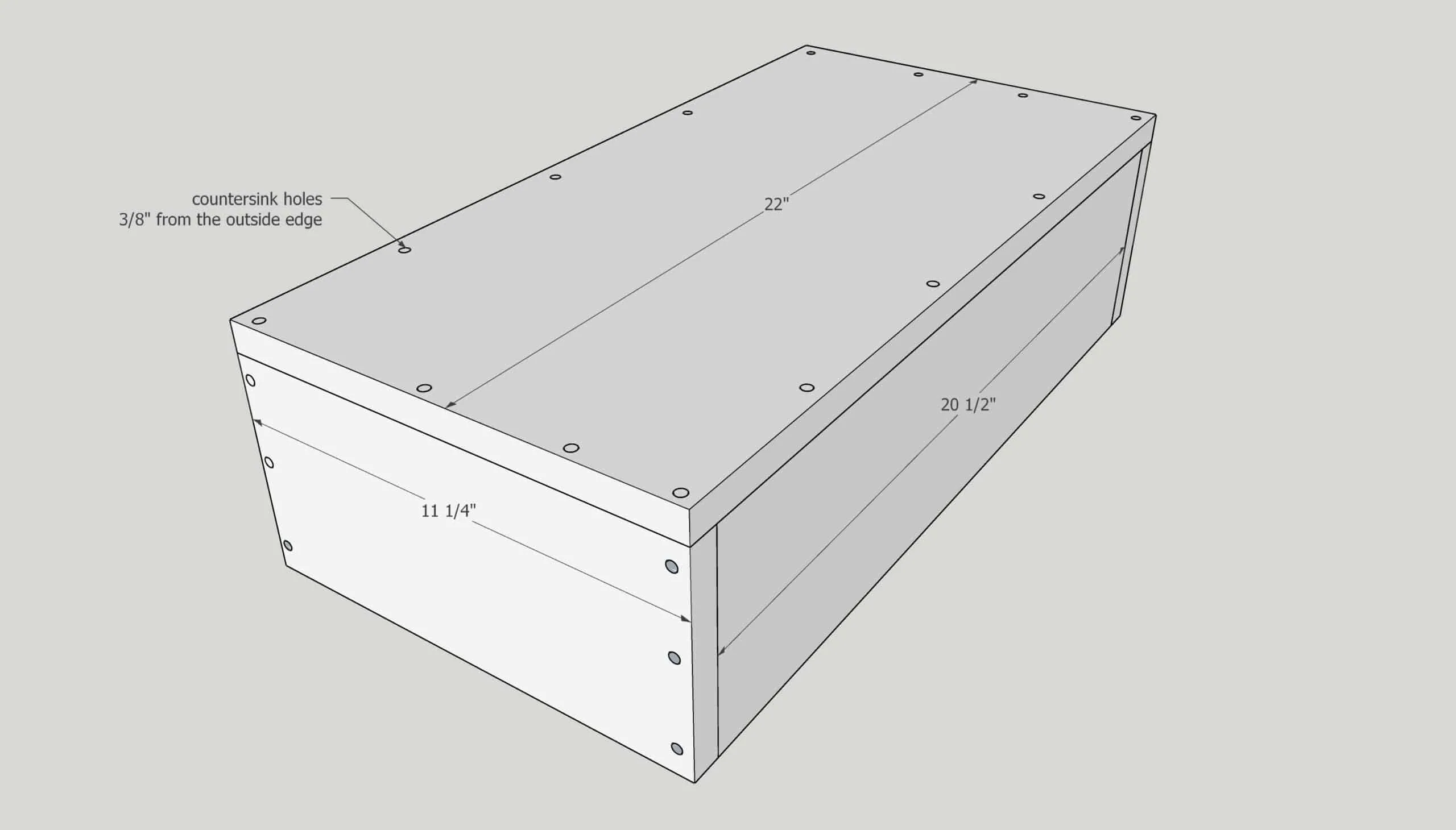 countersink holes along edges of trash can cabinet drawer box