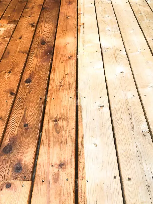 deck stain applied to half of the floor