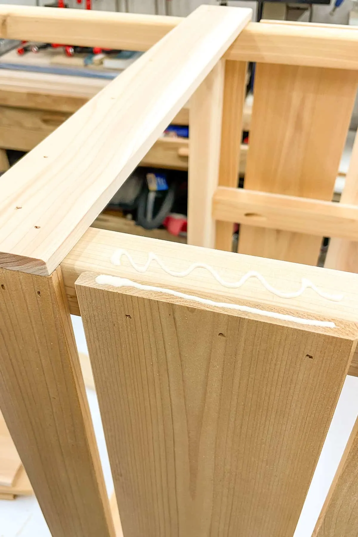 wood glue at joint between planter box slats and frame