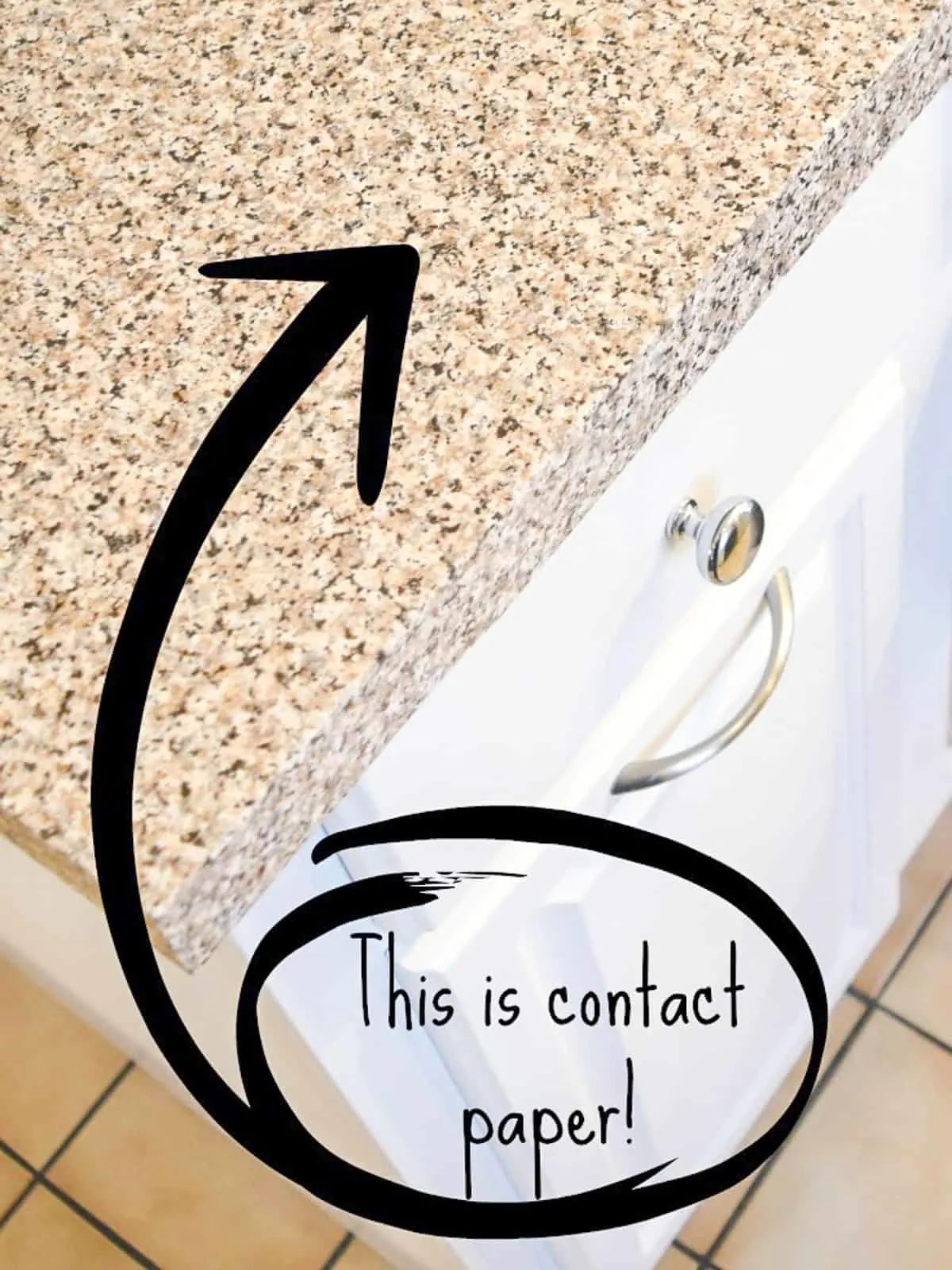 contact paper countertop on used kitchen cabinet