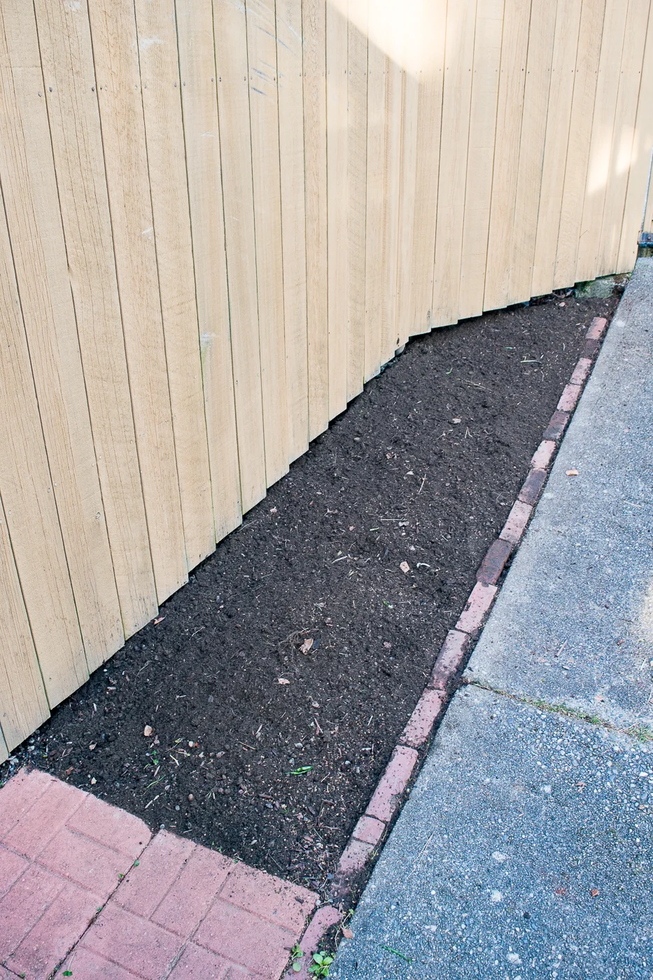 empty garden bed with bare fence next to concrete walkway lined with bricks