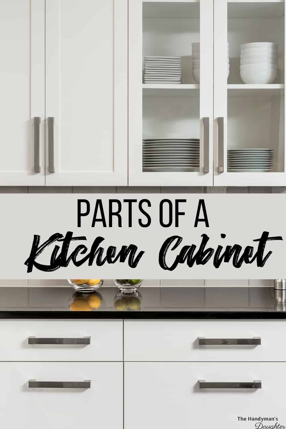 white kitchen cabinets with text overlay "parts of a cabinet"