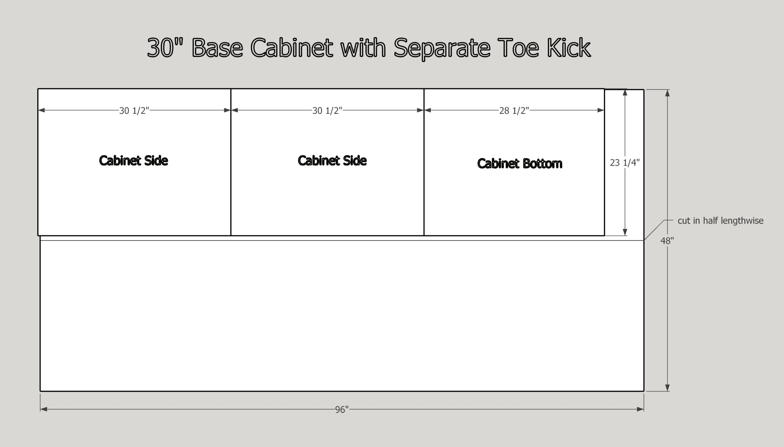 plywood cut diagram for 30" base cabinet with separate toe kick