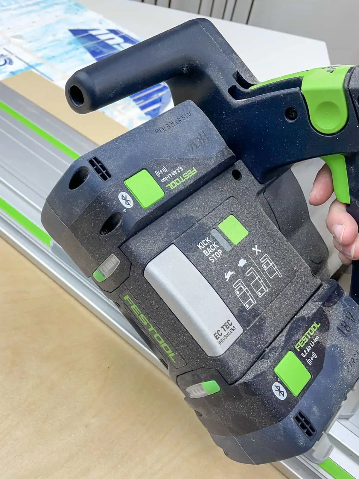 Festool track saw with anti kickback stop