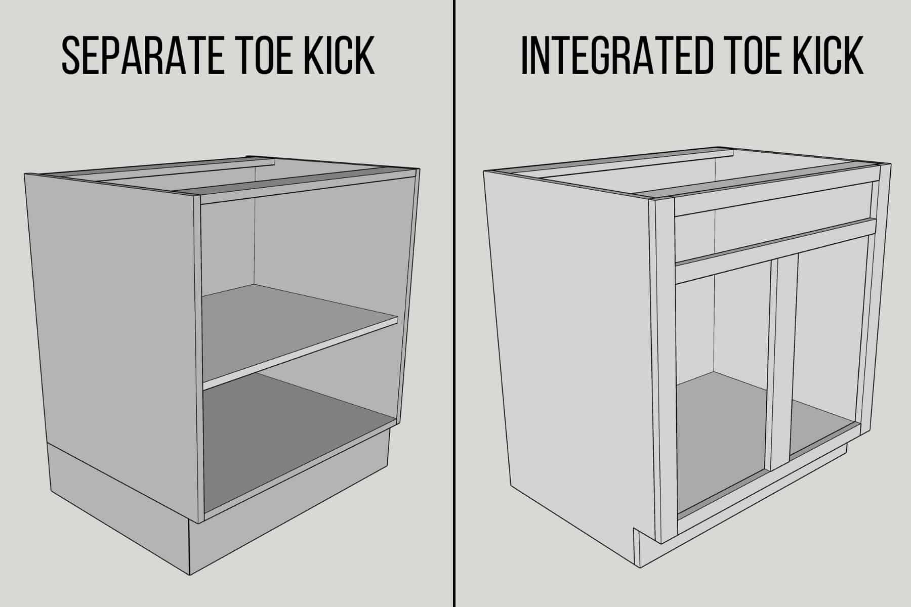 two different cabinet toe kick styles - separate toe kick and integrated toe kick