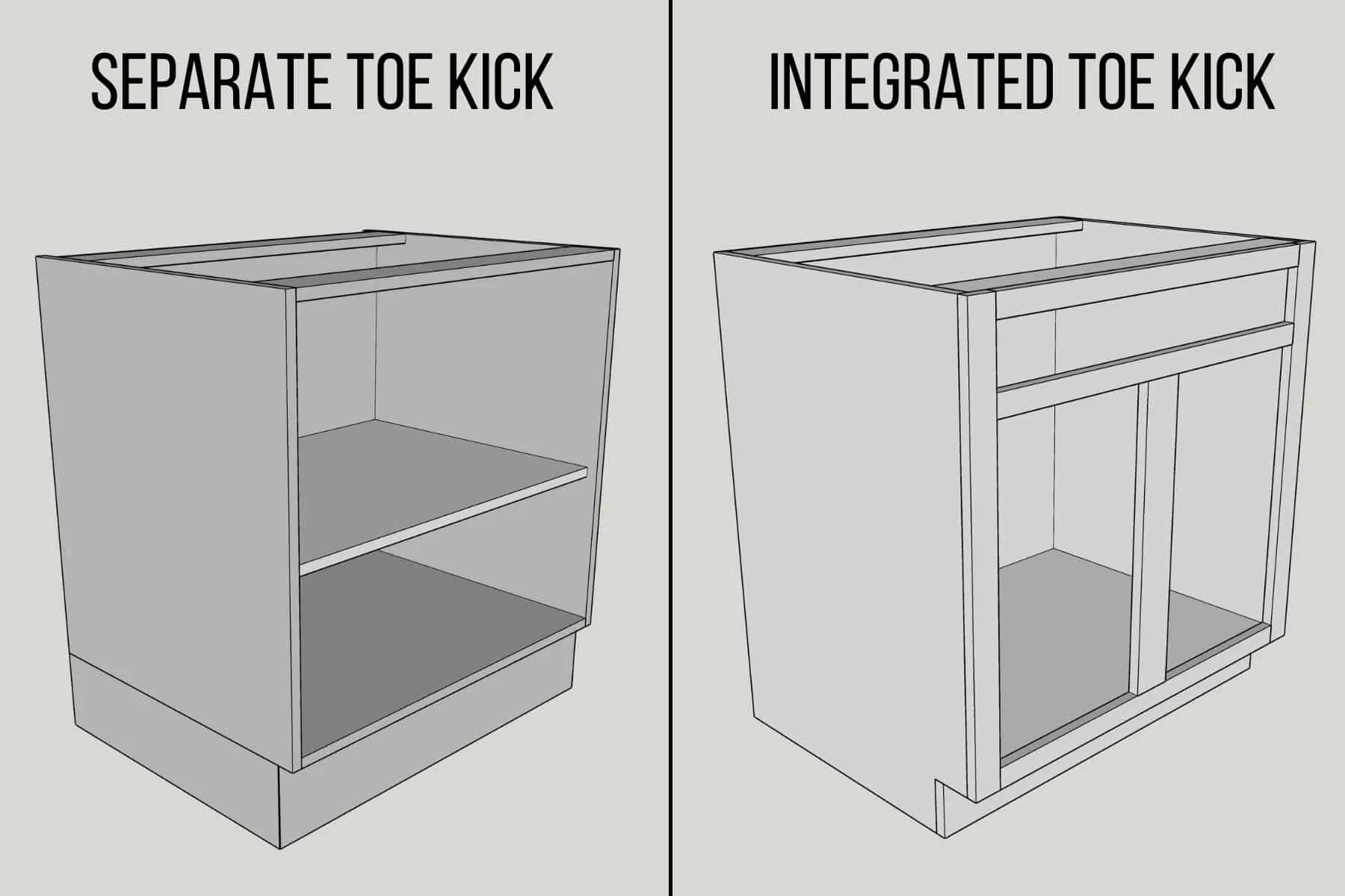 two different cabinet toe kick styles - separate toe kick and integrated toe kick