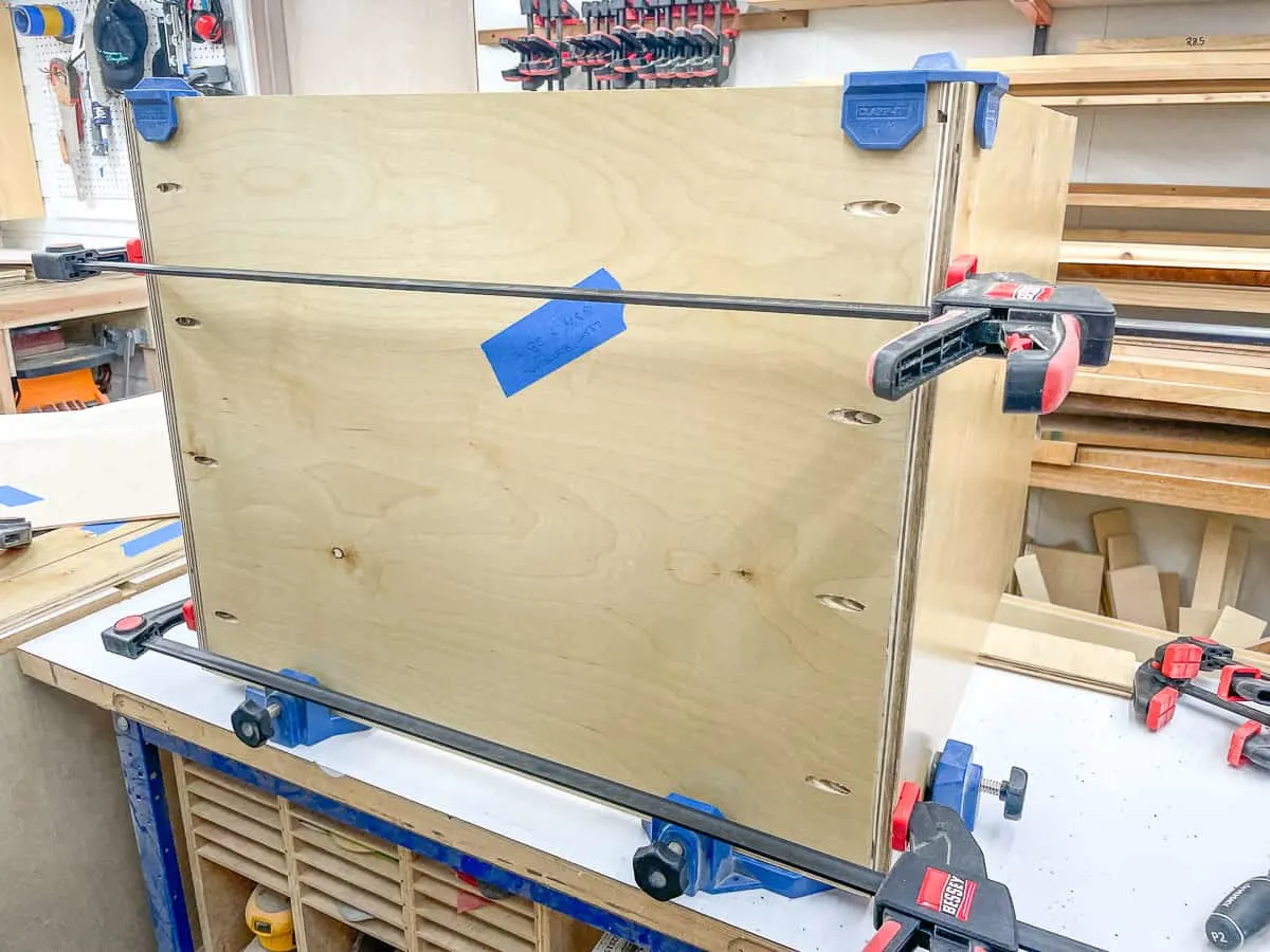 bottom and sides of the basic cabinet box clamped together