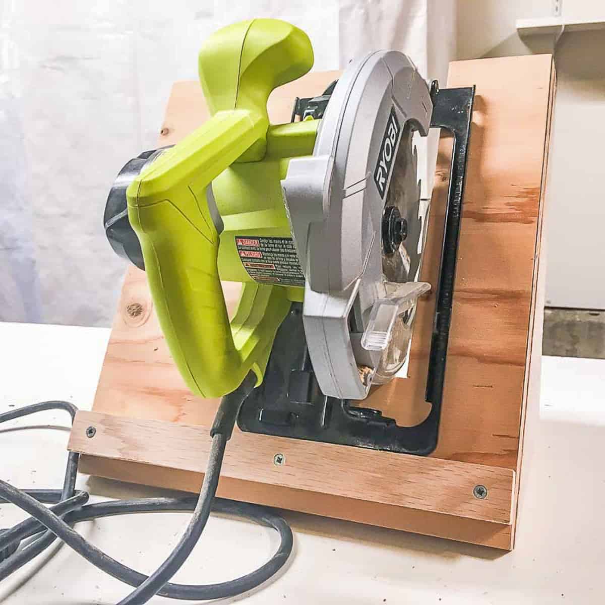 circular saw storage rack on workbench