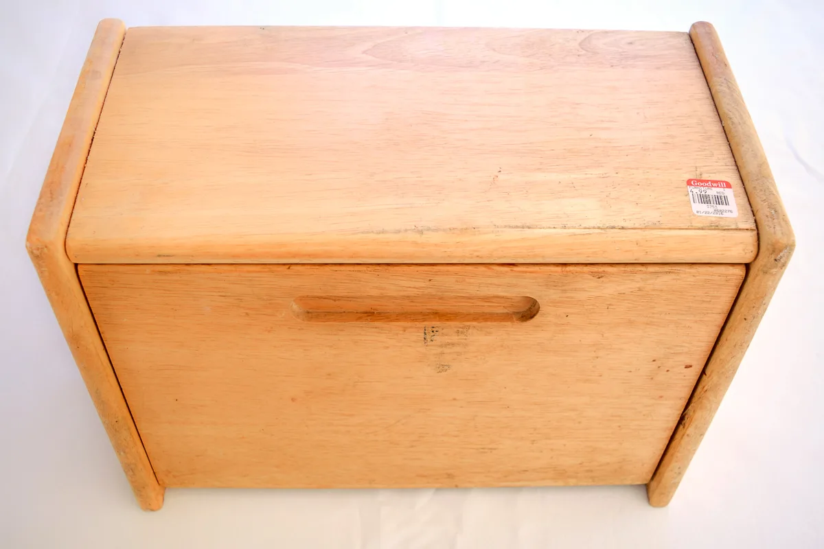 wooden bread box from the thrift store