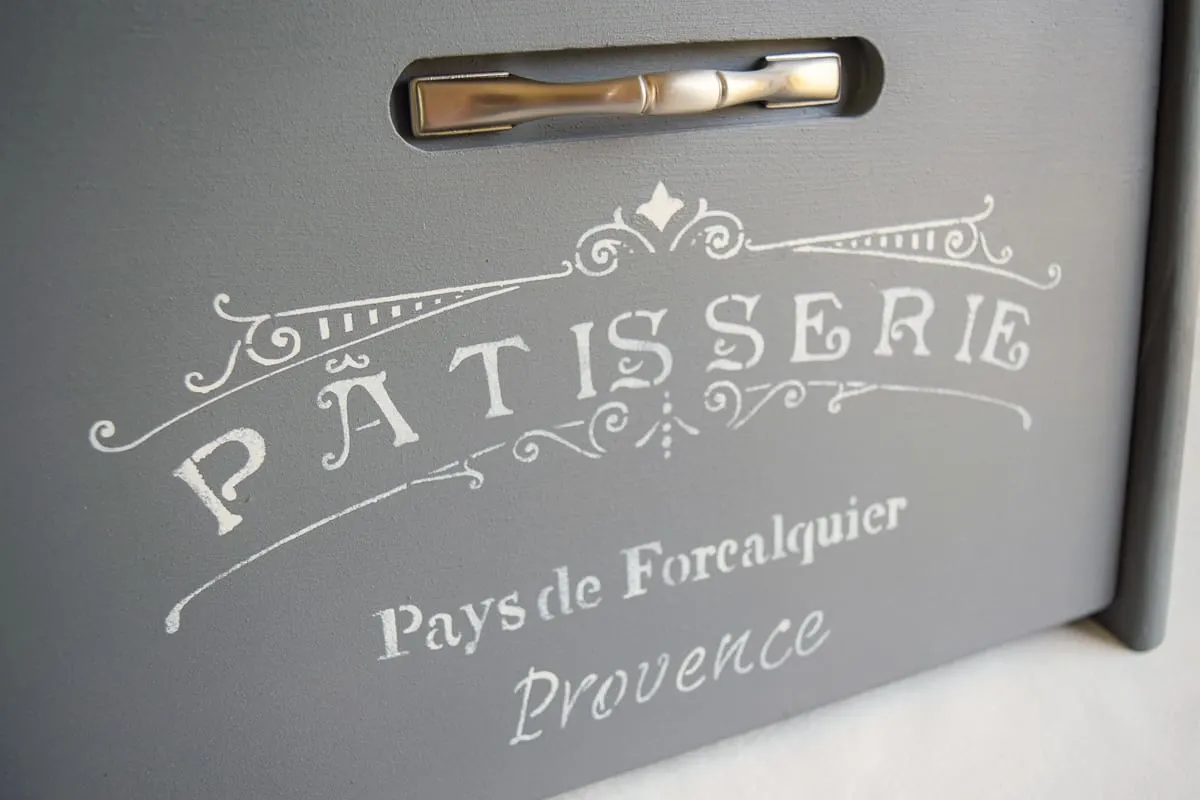 painted bread box with vintage stencil and metal handle