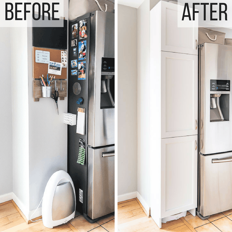 before and after of pantry cabinet space in kitchen