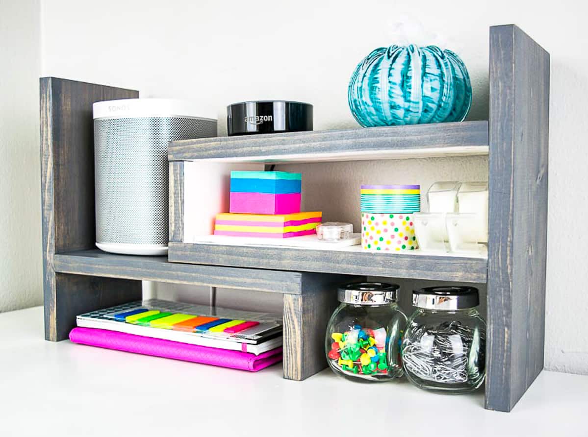 DIY desk shelf with school supplies in compact configuration