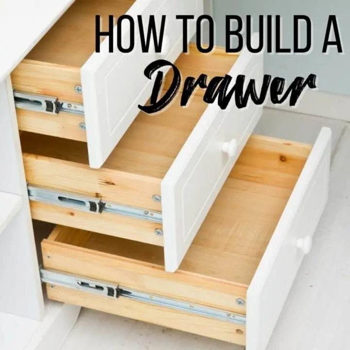 how to build a drawer with image of three drawer boxes pulled out of cabinet