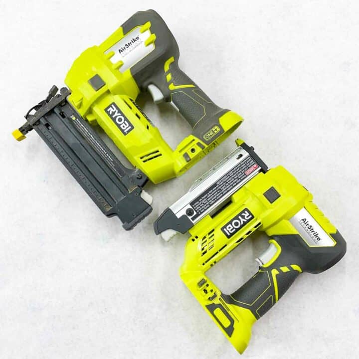 Ryobi cordless brad nailer and pin nailer on white background