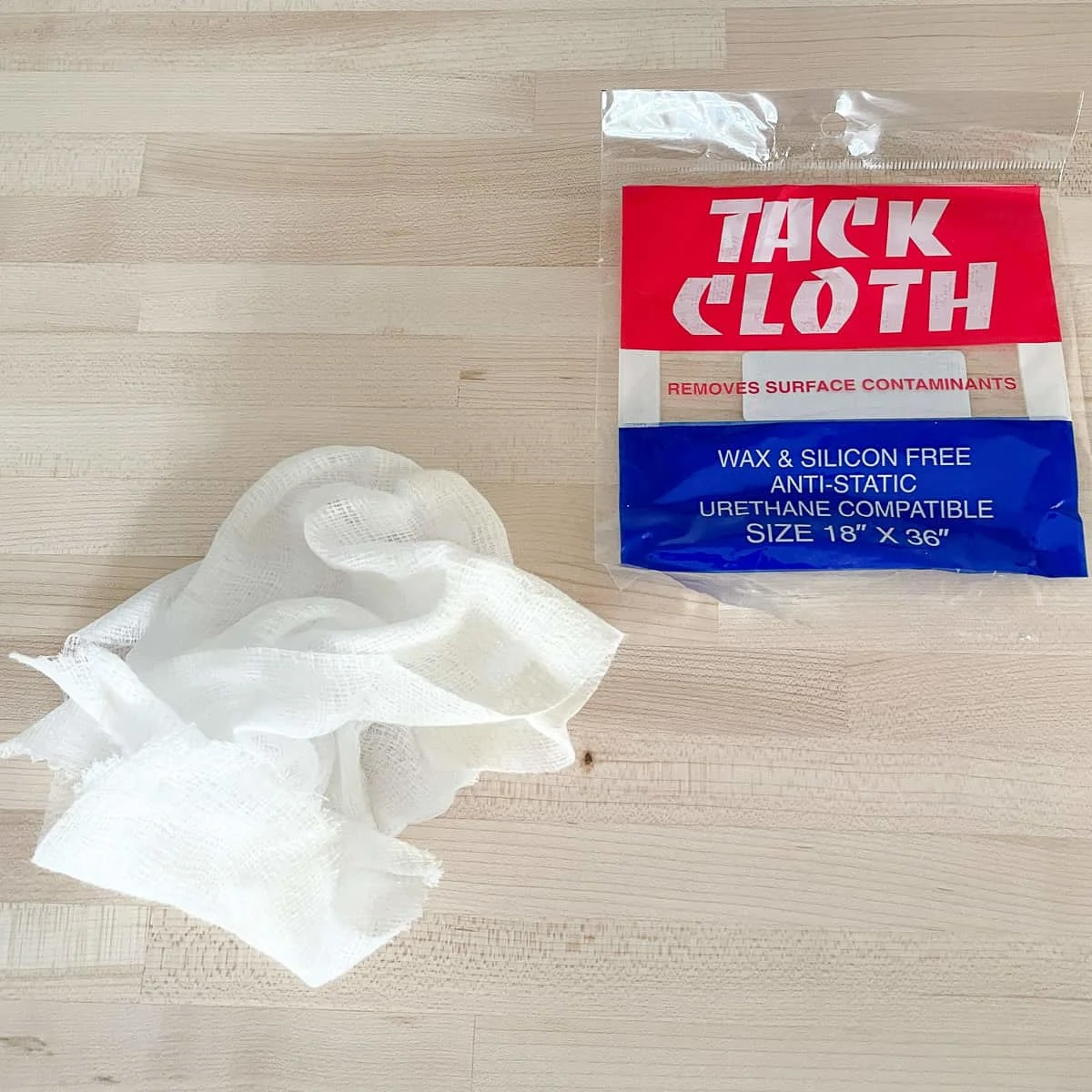 tack cloth on butcher block countertop