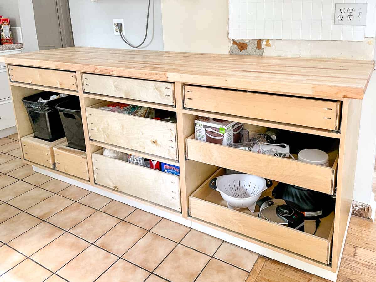 base cabinets with butcher block countertop installed