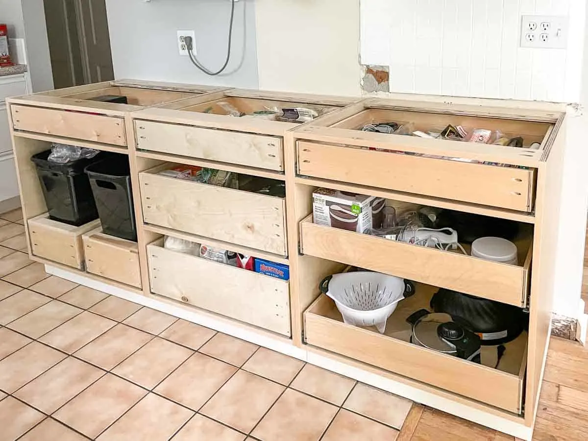 three base cabinets installed with drawers