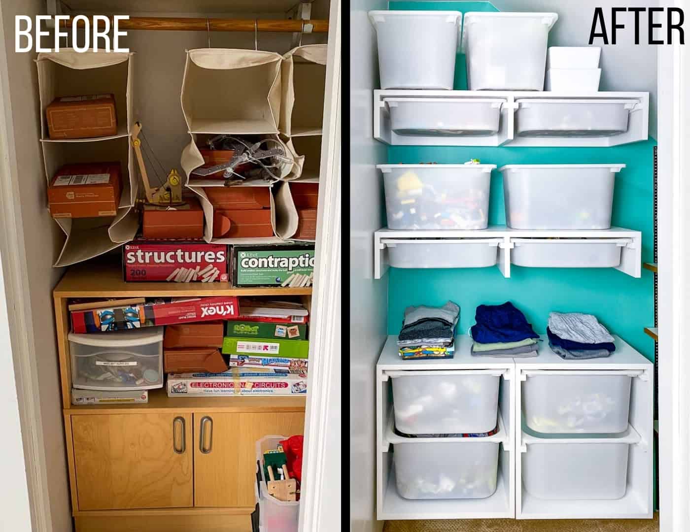 closet with storage bins before and after
