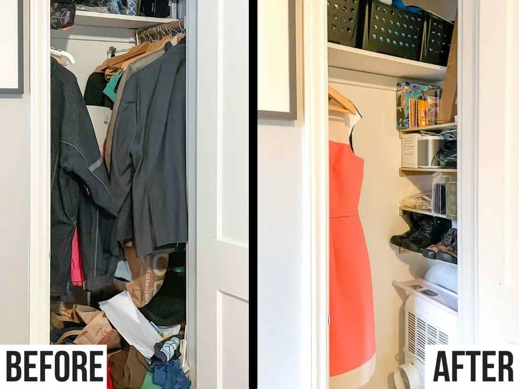 before and after of closet with DIY shelves